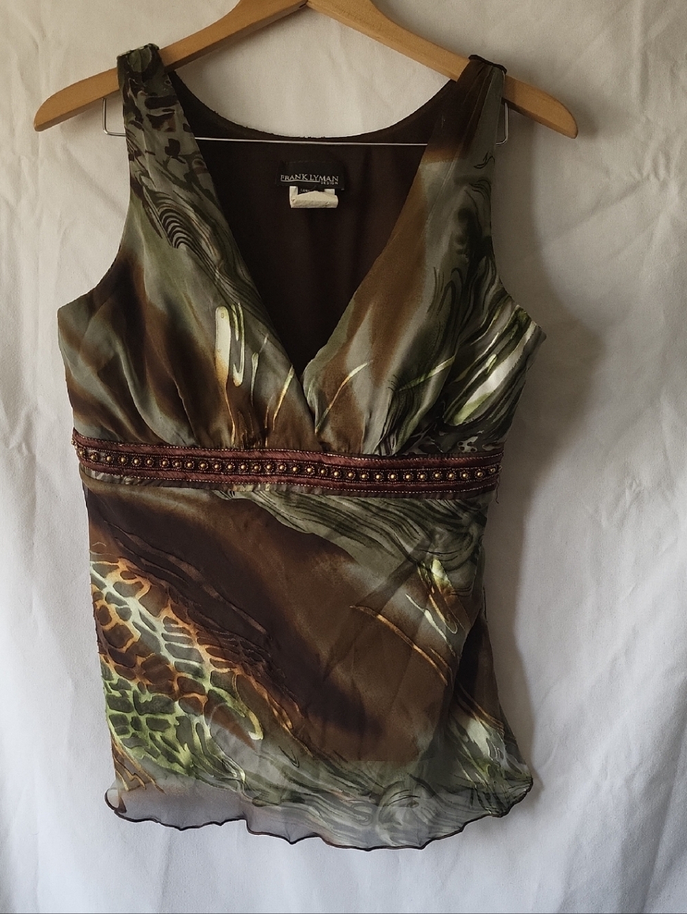 Frank Lyman Design Olive & Brown Beaded V-Neck Sleeveless Camisole Top